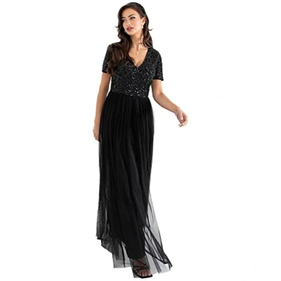 Image of Maya Deluxe Women&#039;s Ladies Dress for Wedding Guest Plus Size Empire High Waist Sequins Short Sleeve Evening Bridesmaid, Black, 12