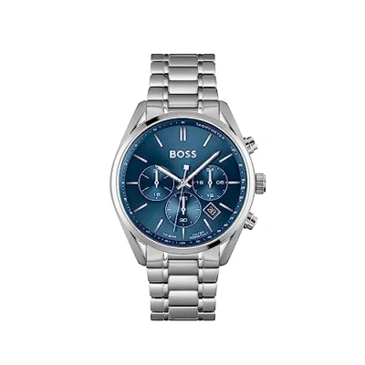 Image of BOSS Men&#039;s 44mm Chronograph Quartz Watch Champion Collection with Blue Dial and Silver Stainless Steel Bracelet, Date Function, 3 Sub Dials, 10ATM Water Resistance 1513818