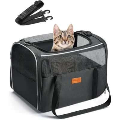 Image of Morpilot Airline Approved Cat &amp; Small Animal Carrier, Soft Sided Foldable Pet Carrier for Travel with Removable Mat, Collapsible Bowl Shoulder Strap, TSA Certified Lightweight Grey