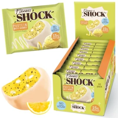Image of FitnesSHOCK Protein Brownie White Chocolate, No Added Sugar, 15%/7,5g Protein, 233kcal, Pre/Post Workout Snack Palm Oil, Filling dietary fibre, 10x50g Poppy seeds and lemon flavour
