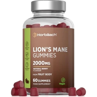 Image of Lions Mane Gummies 2000mg High Strength Supplement Mushroom Extract Natural Berry Flavour 60 Vegan by Horbaach