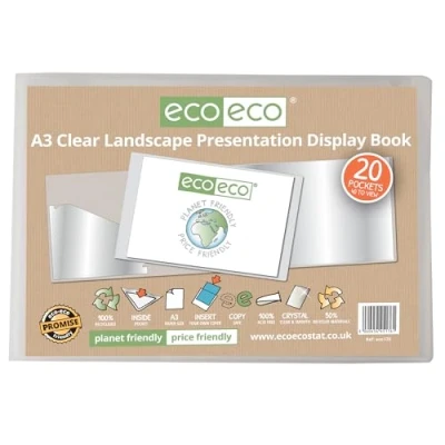 Image of eco A3 50% Recycled 20 Pocket Clear Landscape Presentation Display Book, Storage Case Portfolio Art Folder with Plastic Sleeves, eco176