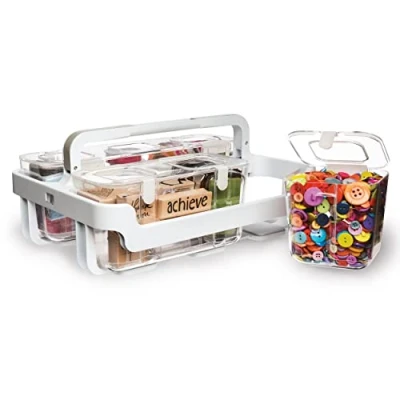 Image of Deflecto Multi Compartment Clear Plastic Storage Box Caddy with Lift Out Boxes &amp; Holder Portable Stackable Organiser for Craft Supplies