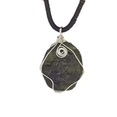 Image of JEVLUH Raw Moldavite Crystal Necklace,Silver Wrapped Certified Czech Meteorite Stone,Green Glass,Irregular Shape
