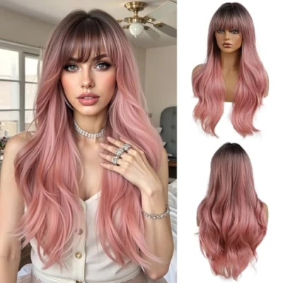 Image of OUFEI 24 Inches Ombre Pink Natural Long Wavy Synthetic Hair Wigs for Women with Dark Roots Daily Party Cosplay Use