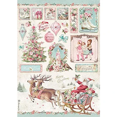 Image of Stamperia INTL, KFT (3PL) Rice Paper Pink Christmas Sleigh, A4
