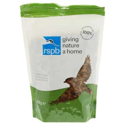 Image of RSPB Dried Mealworms 200g Wild bird Food, supporting Charity, meal worm, Re sealable &amp; recyclable pouches, for use in Garden outdoors. Perfect Feeders, ground feeders tables