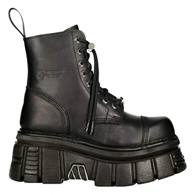 Image of New Rock M NEWMILI083 S21 Tower Combat Boots Black Leather Platform Biker Shoes 46