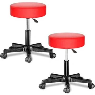 Image of CASARIA 2x 35cm Red Rolling Stool with Wheels Height Adjustable 360 Rotatable Padded Swivel Chair Double Castors Roll Comfortable Upholstered Seating Office Workshop Salon