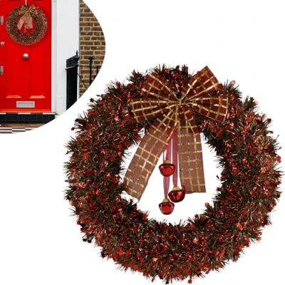 Image of 42cm Red Christmas Large Tinsel Wreath with Bells and Bowknot Plastic Frame Wall Window Decor Hanging Ornament Xmas Pine Indoor Front Door Tree Decoration
