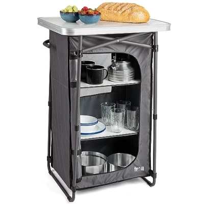 Image of Trail Camping Kitchen Unit 4 Shelf Storage Cupboard, Folding Portable Pop Up Shelving Cabinet, Outdoor Garden Picnic, Waterproof with Carry Bag (93cm x 60cm 48cm)