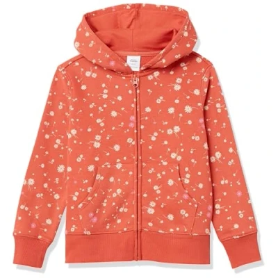 Image of Amazon Essentials Girls&#039; Fleece Zip Up Hoodie Sweatshirt, Orange Floral, 11 12 Years