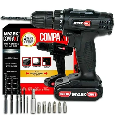 Image of MYLEK MYCCB1 18V Cordless Drill Driver Lithium Ion Powerful Battery Electric Screwdriver Set, 18 Volts, 13pce Accessories Kit, Black (18V 1 Speed)