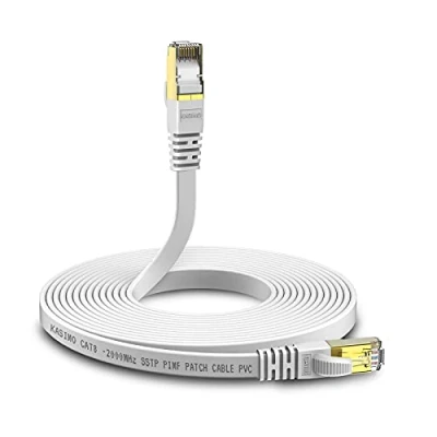 Image of KASIMO Cat 8 Flat Ethernet Cable 1M Cat8 Internet LAN 40Gbps 2000MHz High Speed Network Patch White SSTP Cord with RJ45 Gold Plated Connector for Router Modem Switch Gaming