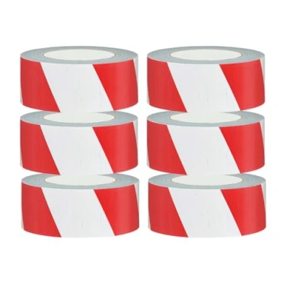 Image of indigo® Multipurpose Hazard Warning Tape Waterproof Gaffer for Outdoor Marking 50mm Wide 50m Long Adhesive Duct (Pack 6, Red/White)