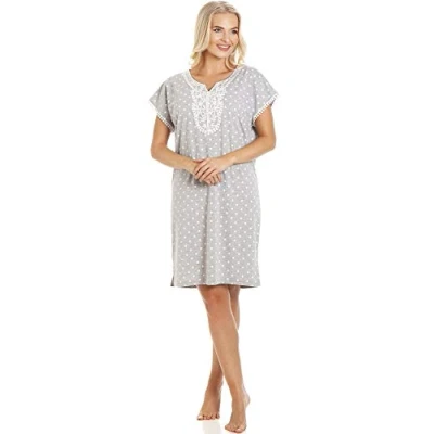 Image of Camille Womens Short Sleeved Polka Dot Nightdress Ladies Knee Length Nightie Comfortable &amp; Breathable Summer Nightwear Grey 10 12