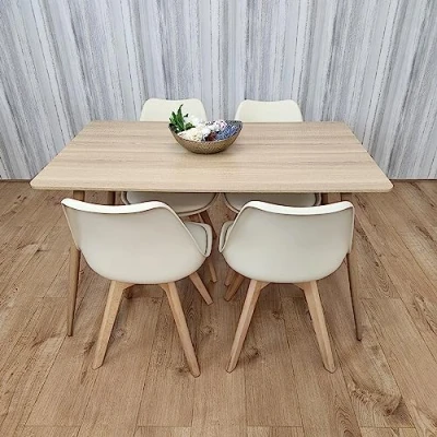 Image of KOSY KOALA Rectangle Oak Effect Kitchen Dining Table With 4 Cream Tulip Chairs Set Of Room