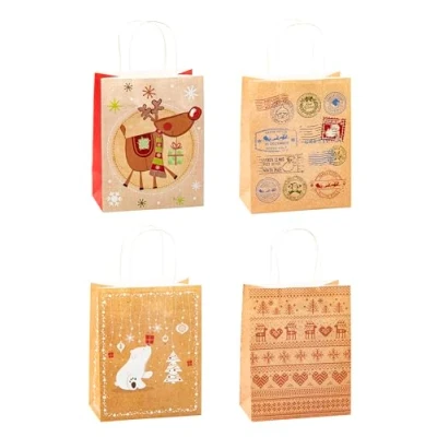 Image of TSI 88018 Christmas Kraft Paper Gift Bags Pack of 12 Medium (H x W D) 23 18 10 cm