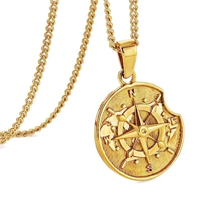 Image of murtoo Compass Necklace, Mens Pendant Necklaces, Silver Necklace for Men， Stainless Steel Necklace， Gifts Men/Women Shield 24&quot;+2&quot;