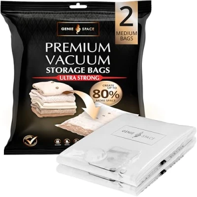 Image of GENIE space Incredibly Strong Premium Saving Vacuum Bags Storage 2 x MEDIUM (70x50cm) Airtight &amp; Reusable Create 80% more For Clothes, Towels, Bedding, Duvets and