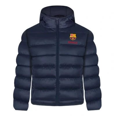 Image of FC Barcelona Official Football Gift Boys Quilted Hooded Winter Jacket 8 9 Years Navy Blue
