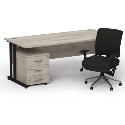 Image of Impulse 1800 Black Cant Desk Grey Oak + 3 Dr Mobile Ped &amp; Chiro