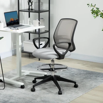 Image of Vinsetto Ergonomic Mesh Back Draughtsman Chair, Tall Standing Desk Chair with Adjustable Height and Footrest 360 Swivel, Light Grey