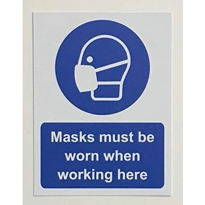 Image of Mandatory signs Masks must be worn when working here Safety sign 1.2mm Rigid plastic 200mm x 150mm