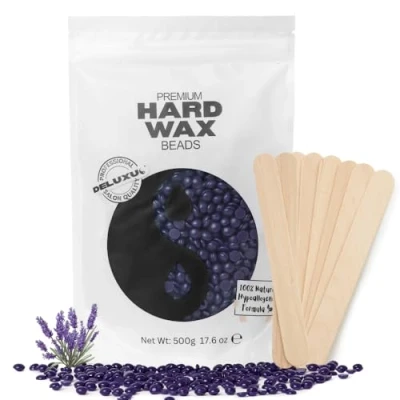Image of DELUXUS Hard Wax Beads 500g, Natural Stripless Beans with 10 Applicators, Waxing for Bikini, Legs, Armpit, Eye Brow, Brazlian, Full Body Hair Removal. (Lavender)
