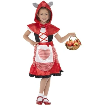 Image of Smiffys Miss Hood Costume, Red with Dress and Hooded Cape Attached Wolf Ears, Girls Fancy Dress, Child Up Costumes