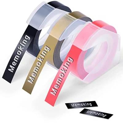Image of Embossing Label Tape 3/8&quot; (9mm) Compatible with Phomemo, Goknu, DYMO Omega, Junior, LabelCenter, VolenGo, Maker E975, 3D Plastic Labels, Black/Gold/Pink, 3 Pack