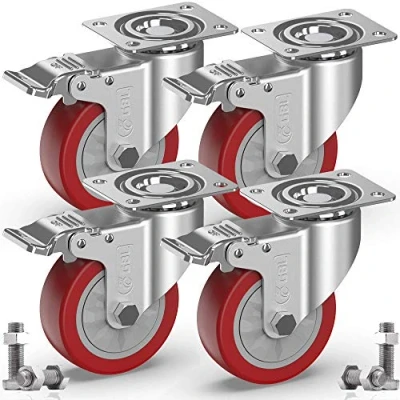 Image of GBL Heavy Duty Castor Wheels with 4 Brakes + Screws 100mm Castors up to 600KG Set of No Floor Marks Silent Caster for Furniture Swivel Rubbered Trolley Silver