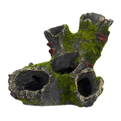 Image of Relaxdays Aquarium Decoration, Tree Trunk Cave, Natural Look Ornament, Resin, Fish Tank, HxW: 7 x 15 cm, Grey, Polyresin, Black Green, Pack of 1
