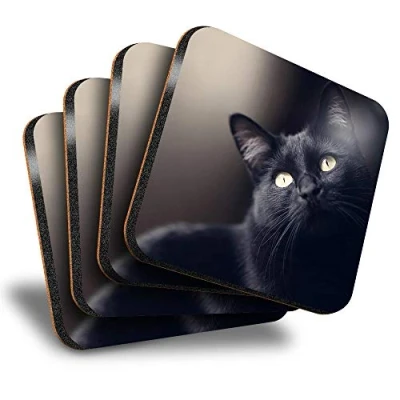 Image of Destination Vinyl ltd Great Coasters (Set of 4) Square Black Cat Kitten Drink Glossy Coasters/Tabletop Protection for Any Table Type #2603