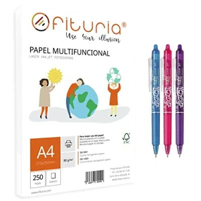Image of Pack of 80 g A4 Sheets with 250 White Sheets, Multifunctional Paper for School and Work Environments. Ideal Laser or Injection Printers + 3 Pilot Frixion (Blue/Red/Green) Ophythuria