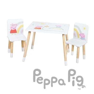 Image of roba Children&#039;s Seating Group Peppa Pig 2 Chairs &amp; 1 Table for Children Set with Pink Cartoon Motif Wood White/Natural from 18 Months...