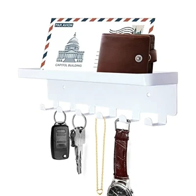 Image of GTK Key Holder for Wall, Hooks with Tray and 6 Hooks, Wall Mounted Hallway, Rack Shelf Mail Storage (White)