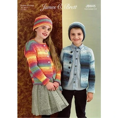 Image of James Brett Double Knit Knitting Pattern Boys Girls Round Neck Cardigan &amp; Hat (JB845)
