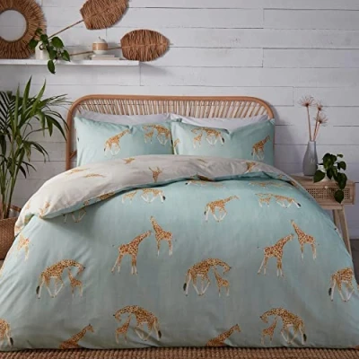 Image of Fusion Duck Egg Blue Giraffe Duvet Cover Double Bedding Size (200 x 200cm) Reversible Design Zoo Animals Grey &amp; with Giraffes Print Popper Closure Gifts