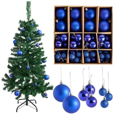Image of THE TWIDDLERS 1 4ft / 1.2m Christmas Trees with Strong Metal Stand and 260 Tips &amp; 50 Pack Blue Baubles Assorted Sizes Finishes 6cm, 4cm, 3cm