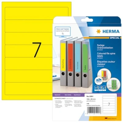 Image of HERMA Self Adhesive Spine Labels, 7 Labels per A4 Sheet, 20 Sheets, 192 x 38 mm, 140 Blank Lever Arch File Folder Stickers, Sticky for Laser &amp; Inkjet Printer, Yellow