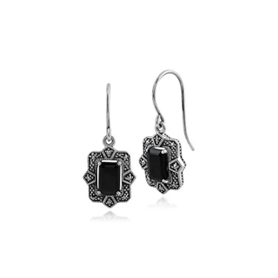 Image of Art Deco Style Black Spinel &amp; Marcasite Drop Earrings in Silver