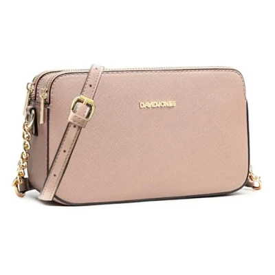 Image of DAVID JONES Women&#039;s Small Shoulder Bag Mobile Phone Pouch Hard PU Leather Chain 3 Compartments Pockets Trendy Evening Shopping City, Pink, One Size