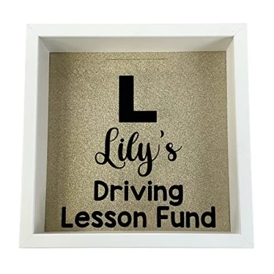 Image of Personalised Driving Lesson Fund Wooden Money Box Savings (Gold Glitter)