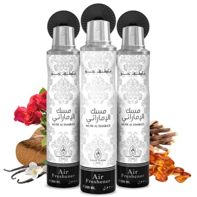 Image of Air Freshener Spray Pack of 3 x 300ml Odour Eliminator Aerosol Room Long Lasting Arabian Freshner for Home and Car Oud, Blossom &amp; Floral Fresh Scent (Musk Al Emarati)