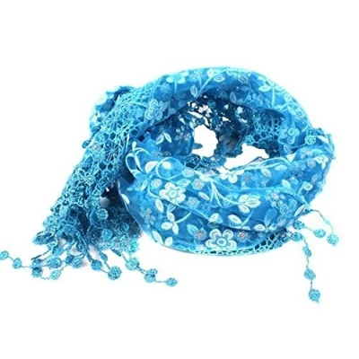 Image of Women Lace Tassel Sheer Metallic Burnt out Floral Print Triangle Scarf Shawl (Blue)