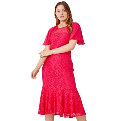 Image of Roman Originals Angel Sleeve Stretch Lace Midi Dress for Women UK Ladies Everyday Holiday Spring Summer Round Neckline Comfy Soft Evening Vacation Work Party Cerise Size 16