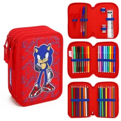 Image of Cerdá Sonic The Hedgehog 3 Tier Large Pencil Case Multi Compartment School Supplies Stationery Colouring Pens Pencils Sets