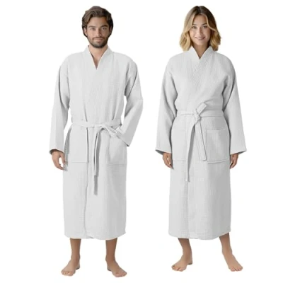 Image of HOMELEVEL Waffle Cotton Dressing Gown Men and Women Womens Mens Gowns Lightweight Bathrobe Towelling Spa Robe Bathrobes Towel Bath Robes for Ladies White 6XL