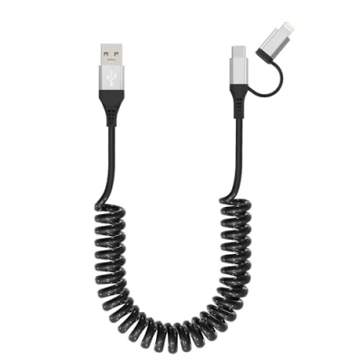 Image of USB to C and Lightning Cable 2 in 1 Coiled Apple Carplay &amp; Android Auto Compatible [MFi 3A Fast Charge Data Sync] for iPhone 15/14/13/12/Android, Silver